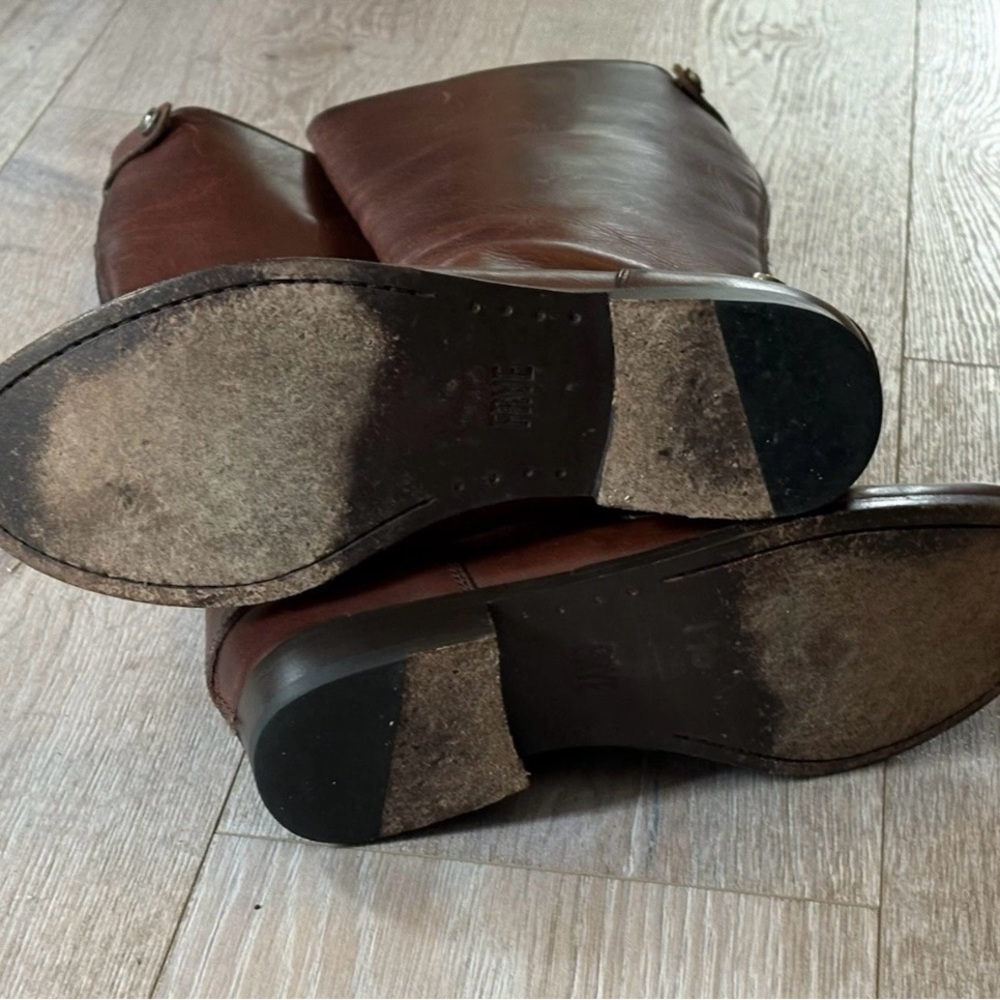 FRYE TALL COGNAC LEATHER MELISSA RIDING BOOTS with BACK ZIPPER & SNAP TABS - Picture 11 of 13